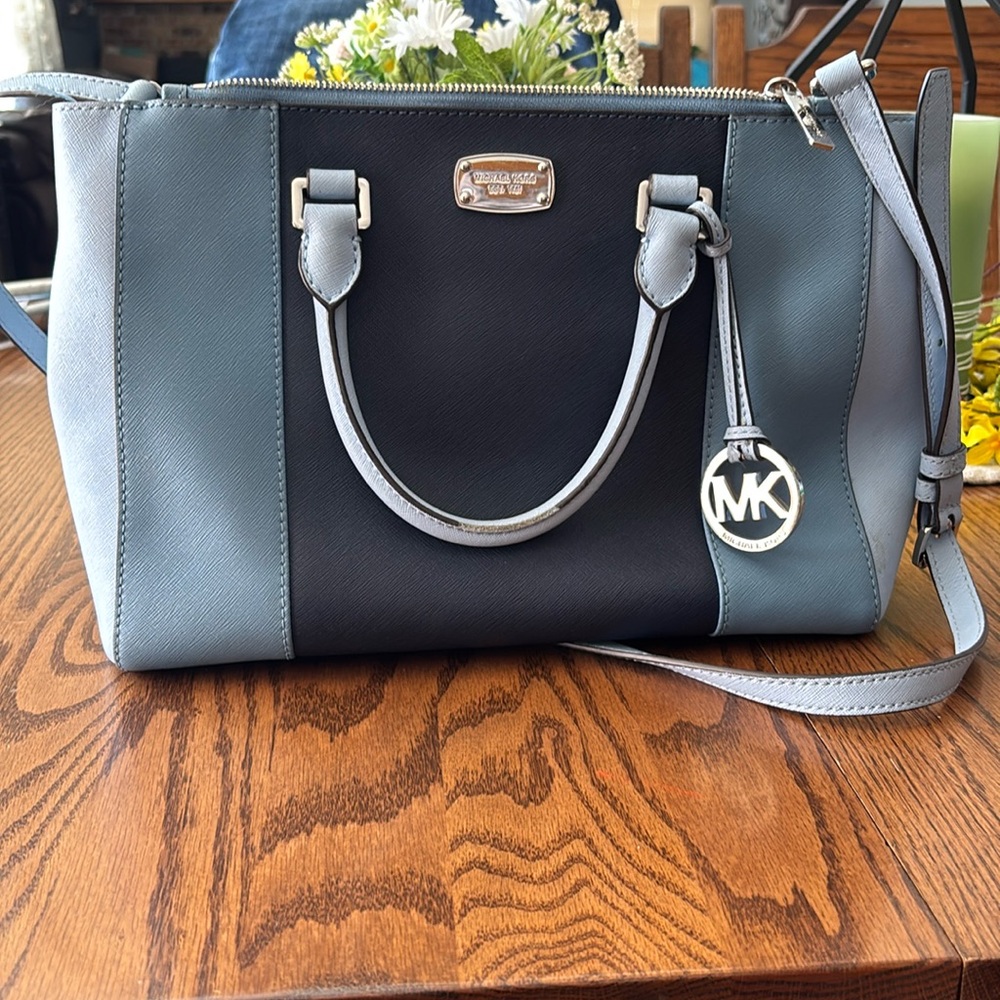 Black and Gray Structured Shoulder Bag with Silver Trim